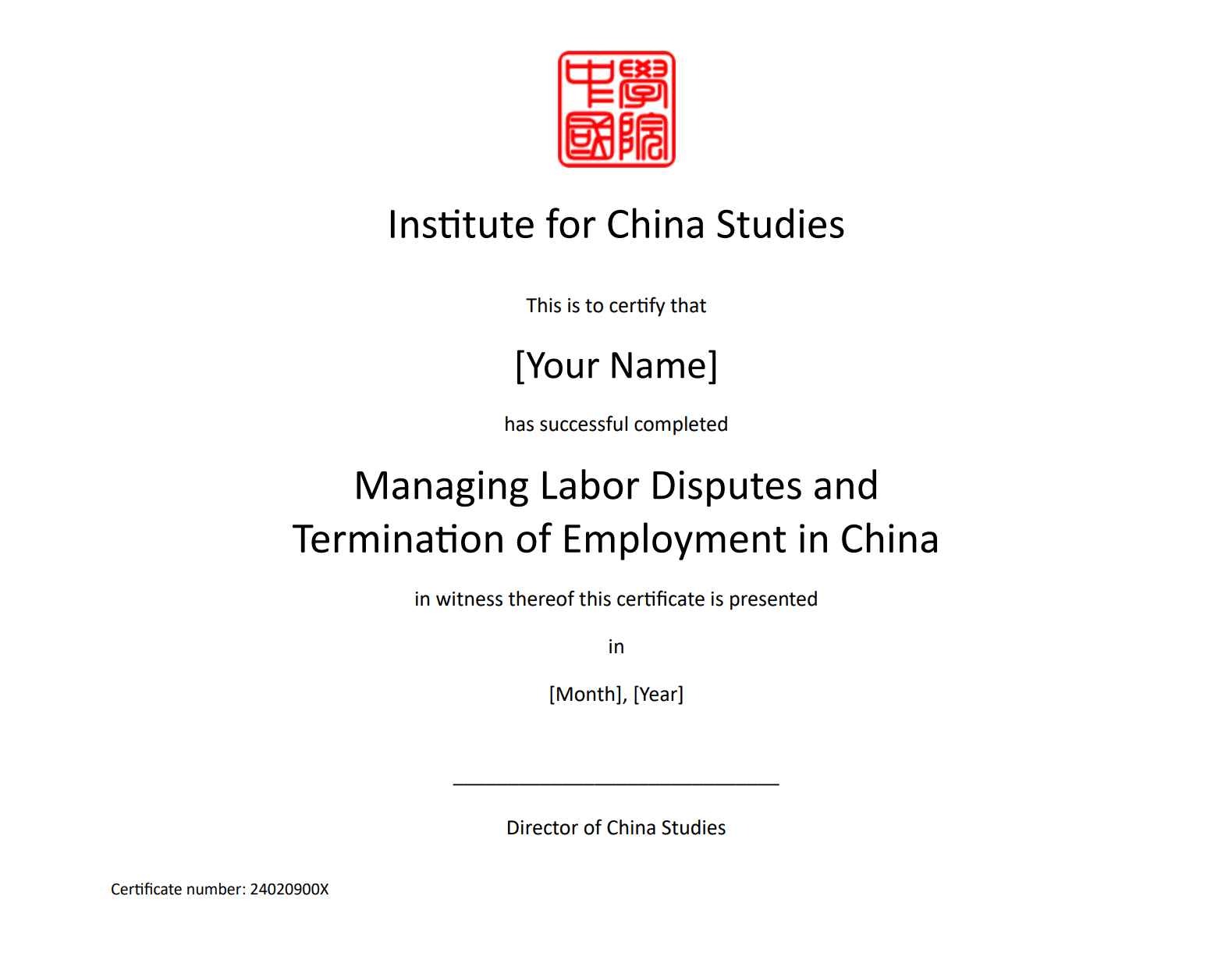 Certificate Template_Managing Labor Disputes and Termination of Employment in China