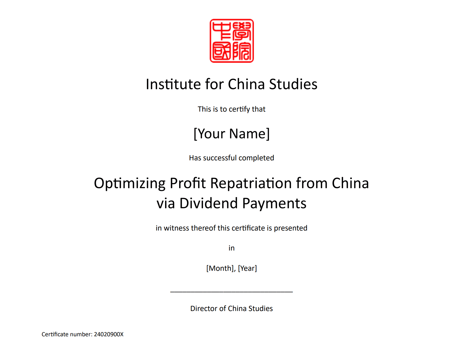 Certificate Template_Optimizing Profit Repatriation from China via Dividend Payments